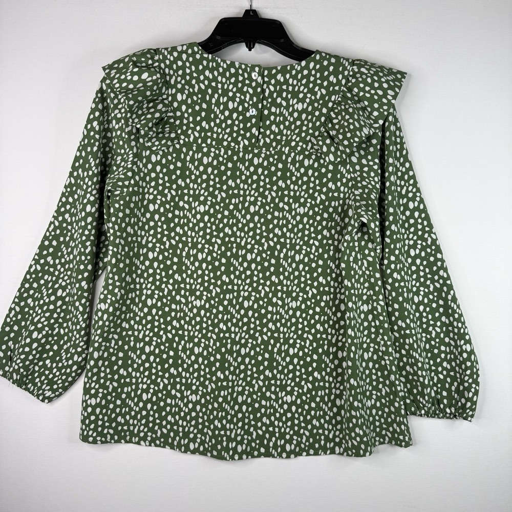 Michelle McDowell Green And White Top Long Sleeve Ruffle Top Small Button Back - Picture 6 of 9